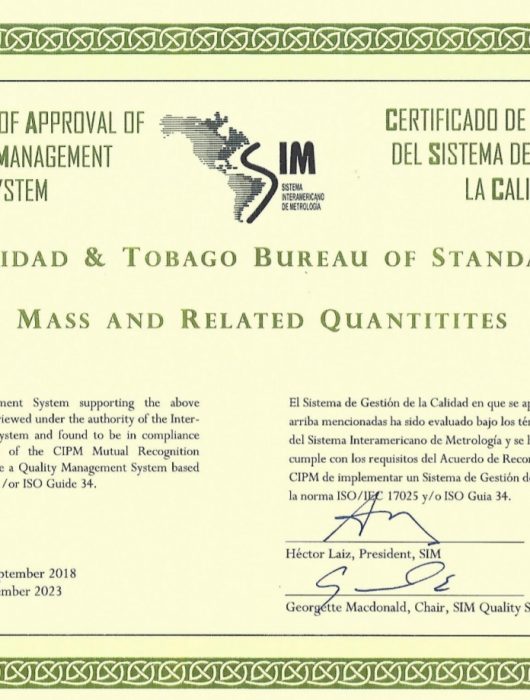 First “Certificate of Approval of Quality Management System” for CARICOM Signatories to the CIPM-MRA