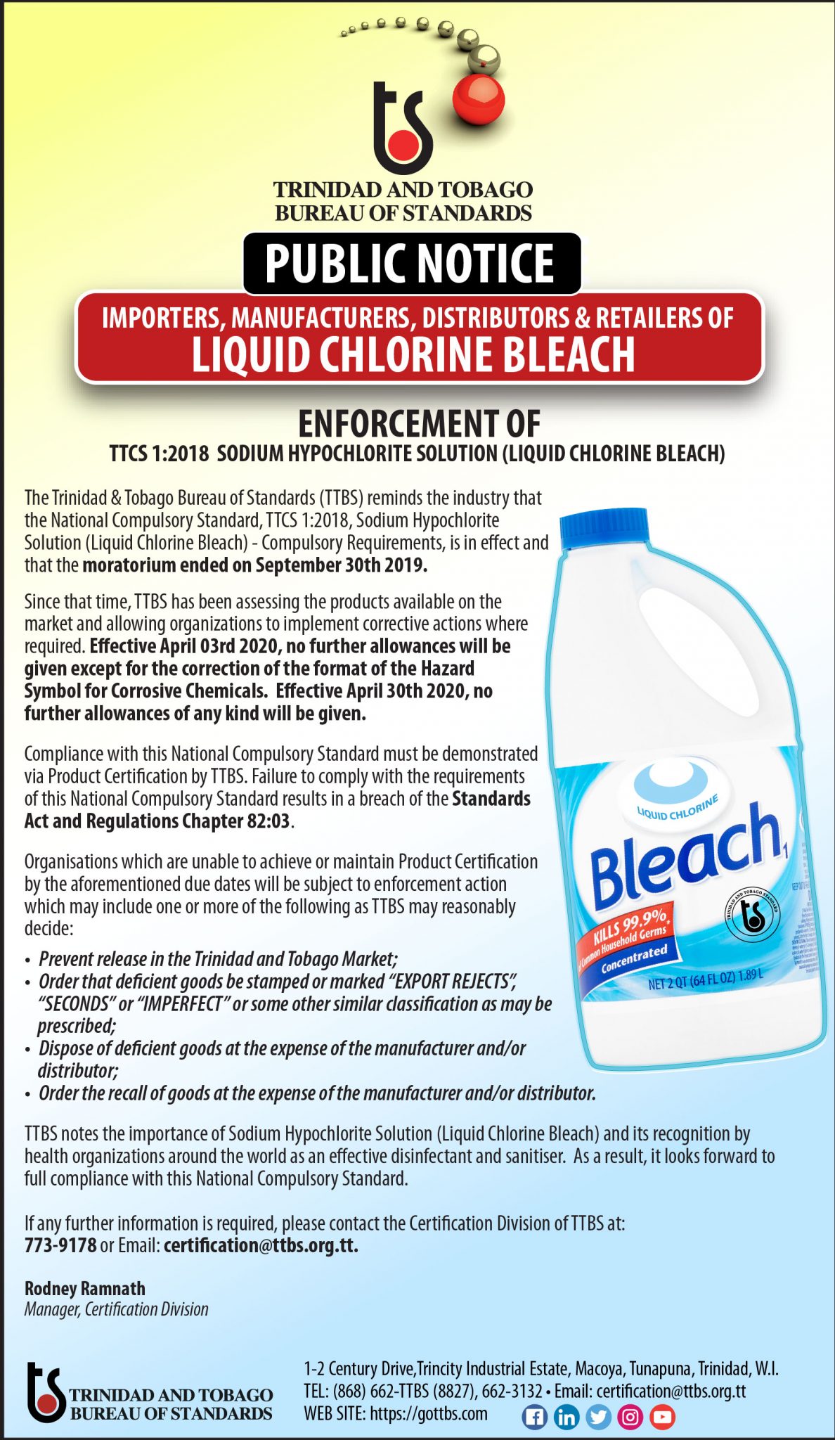 Enforcement of Standard for Liquid Chlorine Bleach TTBS