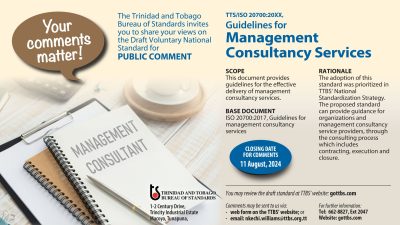 Draft Trinidad and Tobago Standards For Public Comment – TTS/ISO 20700:20XX, Guidelines for Management Consultancy Services