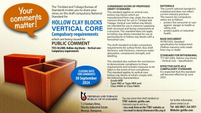 FOR PUBLIC COMMENT: DRAFT TRINIDAD AND TOBAGO COMPULSORY STANDARD – PCTTCS 30: 20XX, Hollow clay blocks – Vertical core– Compulsory requirements